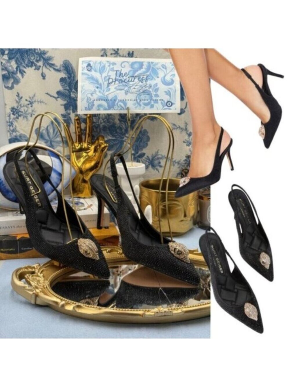 🆕 KURT GEIGER LONDON 🧿 NWOB Belgravia Black Crystal Sling Back Heel, Sz 38 7.5
